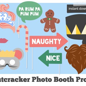 以下が含まれることがあります： ナッツクラッカーをテーマにした印刷可能なフォトブースの小道具。ジンジャーブレッドマン、キャンディーケーン、マウスマスク、クラウン、口ひげ、