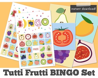 May include: A set of two colorful Tutti Frutti Bingo cards with a free space in the center. The cards feature a variety of fruits, including strawberries, cherries, blueberries, kiwis, bananas, pineapples, mangoes, and more. The cards are perfect for a fun and educational game for kids.