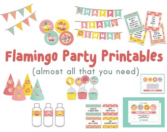 flamingo birthday party printables - invitation, cupcake topper, cake topper, signs, labels, tags