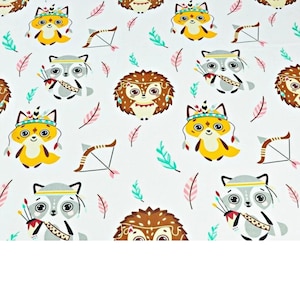 Bedruckter Baumwollstoff Waschbär, Igel, Fuchs