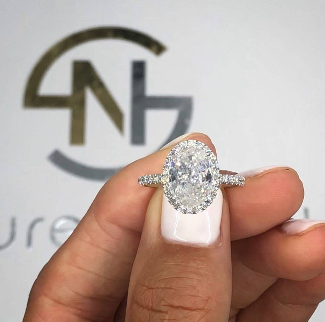 Oval 2 Carat 14k White Gold Engagement Ring With Halo Etsy