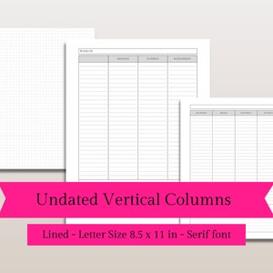 May include: Three printable pages of undated vertical column planner templates. The pages are lined and designed for letter size paper, 8.5 x 11 inches. The text "Week of" is at the top of the first page, followed by columns for Monday, Tuesday, Wednesday, Thursday, Friday, Saturday, and Sunday.