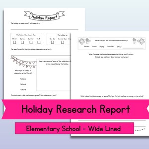 May include: Black and white printable worksheet for kids to research a holiday. The worksheet includes sections for the holiday's name, season, duration, type, activities, and a drawing space. The title is "Holiday Report" and "Holiday Research Report".