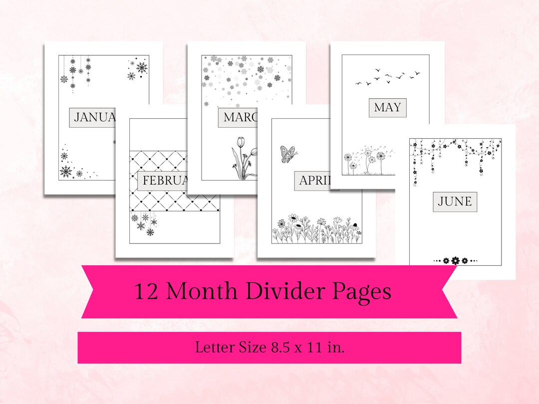 Monthly Calendar Divider Pages, 12 Unique and Seasonal Full Page Planner Tab Separators, DIY ...