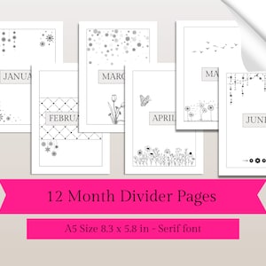 Monthly Calendar Divider Pages, 12 Unique and Seasonal Full Page Planner Tab Separators, DIY Printable Agenda Accessories, A5 Size