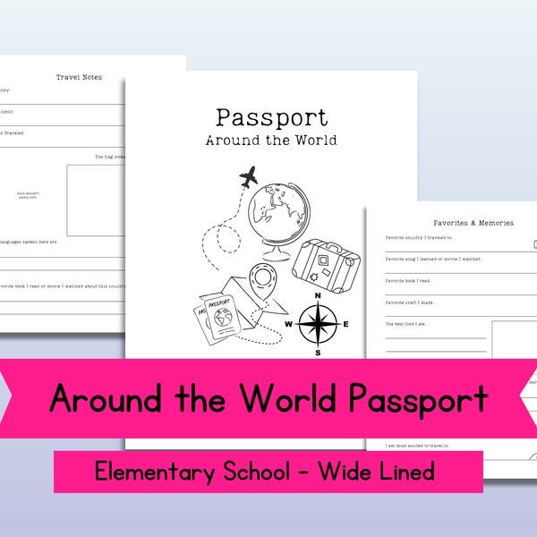 Around the World Passport, Young Learners Homeschool Travel Activities, Printable Digital Download, Social Studies Geography, Wide lines
