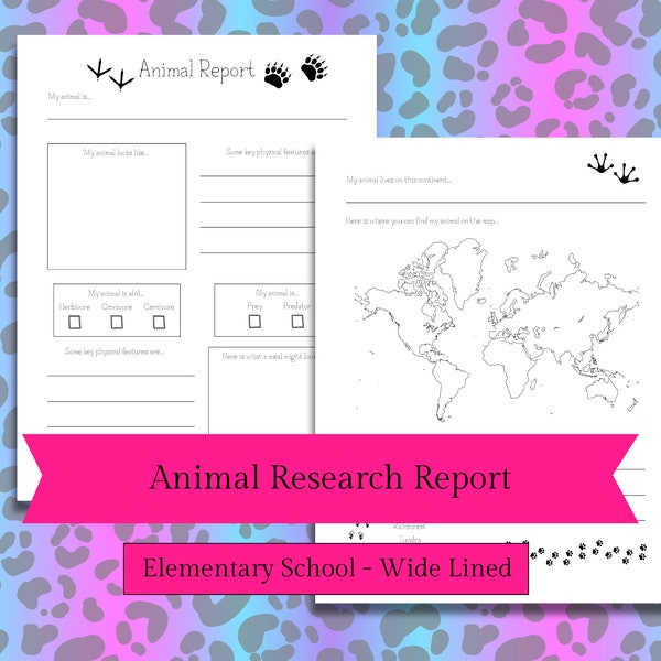 Animal Research Report, Printable Worksheet, Kindergarten Elementary Homeschool Teaching Materials, Wide Line