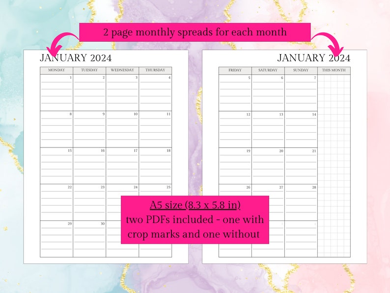 2024 A5 Monthly Calendar, Printable Digital PDF Download, Planner 