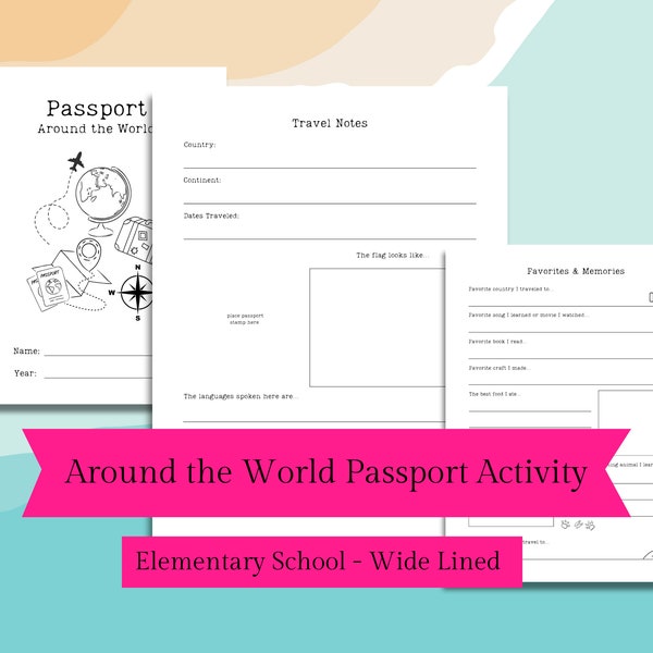 Around the World Passport, Young Learners Homeschool Travel Activities, Printable Digital Download, Social Studies Geography, Wide lines