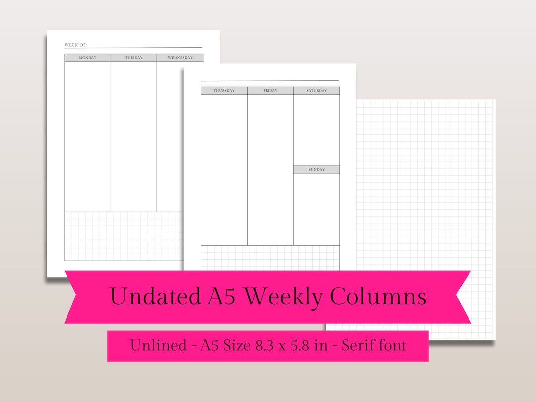 Column Calendar A5 Undated Weekly Calendar, Minimalist Printable Digital PDF Download ...