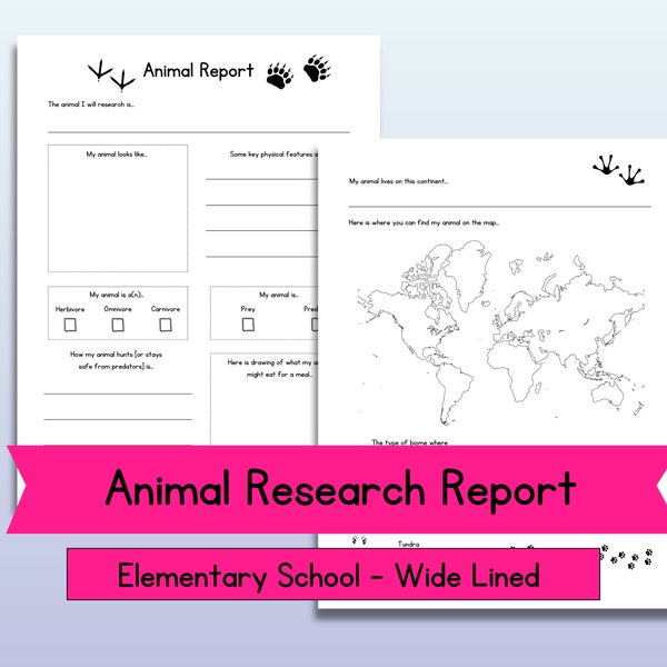 Animal Research Report, Printable Worksheet, Kindergarten Elementary Homeschool Teaching Materials, Wide Line