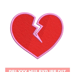 May include: A red heart with a pink outline is broken in half. The heart is a digital embroidery design file.