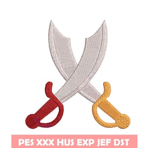 May include: Two crossed swords with red and gold handles. The swords are silver and have a curved blade. The text "PES XXX HUS EXP JEF DST Instant Download" is below the swords.