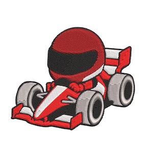 Puede incluir: Diseño bordado de un coche de carreras de dibujos animados y un piloto. El coche es rojo y blanco con ruedas grises. El piloto lleva un casco rojo. Se incluye el texto "Embroidery Design" y "Instant Download".