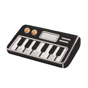 Puede incluir: Parche bordado de un teclado en blanco y negro con dos botones amarillos y una pequeña pantalla. El texto "PES XXX HUS EXP JEF DST Instant Download Embroidery Design" está debajo.