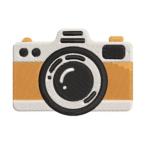May include: A digital embroidery design of a yellow and white camera with a black lens. The design is available in PES, XXX, HUS, EXP, JEF, and DST formats. Instant download.