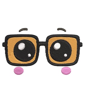 Puede incluir: Diseño bordado de una cara de dibujos animados con ojos grandes, gafas cuadradas y mejillas rosas. Los ojos son negros con reflejos blancos, y las gafas tienen un relleno amarillo-naranja. El texto "Instant Download" está debajo.