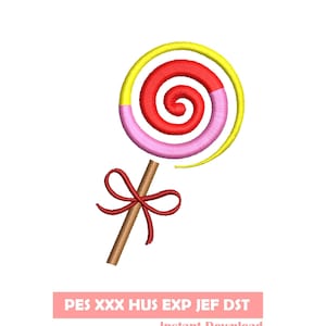 Op de afbeelding: Een rode, gele en roze swirl-lollipop met een bruine stok en een rode strik. PES XXX HUS EXP JEF DST Direct downloaden.