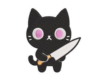 Cute Black Cat With Knife Embroidery Design