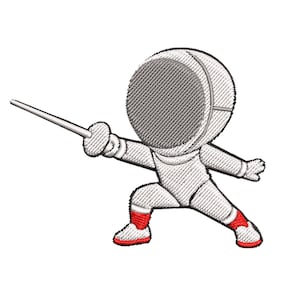 May include: An embroidery design of a cartoon fencer in a protective mask and uniform, holding a foil. The fencer is in a poised stance, with red accents on the shoes and socks. The text "Embroidery Design" is below.