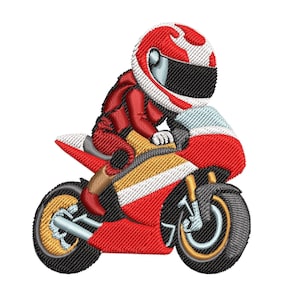 May include: Embroidered design of a cartoon motorcycle racer wearing a red and white helmet and riding a red and white motorcycle. The design includes the text "PES XXX HUS EXP JEF DST Instant Download".