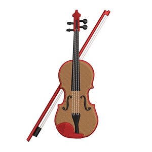 May include: A red and brown embroidered design of a violin with a bow. The design is for embroidery machines and includes the file formats PES, XXX, HUS, EXP, JEF, and DST. Instant download.