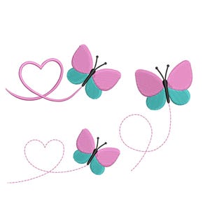May include: An illustration of three butterflies with pink and teal wings, black bodies, and antennae. Two butterflies are accompanied by a pink heart and a dotted line. The text "PES XXX HUS EXP JEF DST Instant Download" is at the bottom.