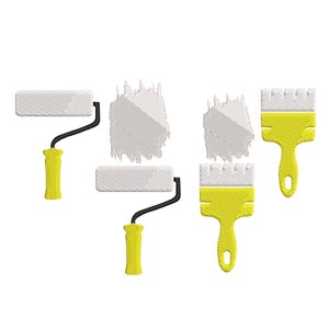 May include: A set of embroidery designs featuring a paint roller and paint brush with a white paint splatter. The designs are available in PES, XXX, HUS, EXP, JEF, and DST formats. Instant download.