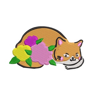 Floral Cat Embroidery design - Cute Cat with Colorful Flowers