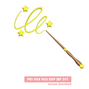 Desenho de bordado de varinha mágica, arquivo de bordado, desenho de bordado à máquina, arquivo de padrão de bordado, estrela, dourado, brilhante, espiral, mágico