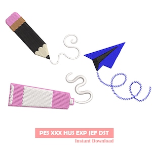 3er-Set Line-Art-Stickdesign-Paket, Stickdatei, Maschinenstickdesign, Stickmusterdatei, Bleistift, Paperplane, Zahnpasta