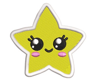 Entzückender gelber Cartoon Stern mit lachendem Gesicht, Maschinenstickerei, Stickdatei Stern