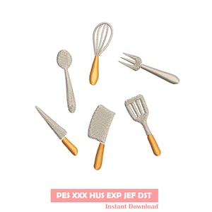 Set of 6 Kitchen Utensil Embroidery Designs , Embroidery file, Machine Embroidery Design, Embroidery pattern file, fork, knife, spoon