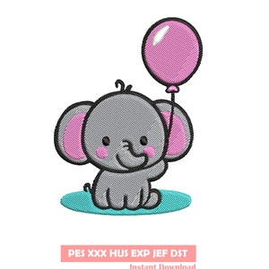 Pode incluir: Um elefante de desenho animado cinza segurando um balão rosa. O elefante está sentado em um círculo turquesa.