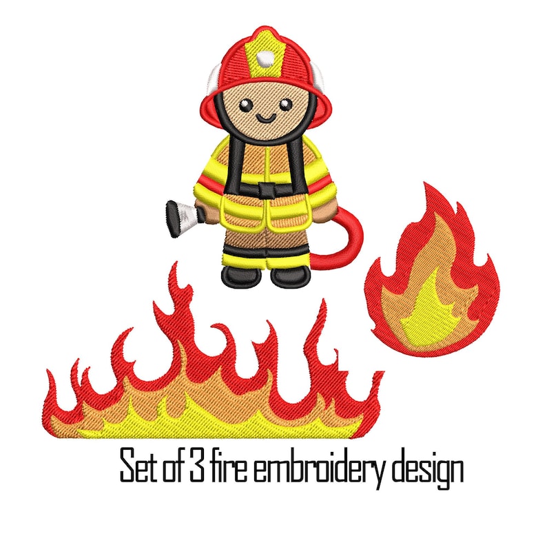 May include: Set of three fire embroidery designs. A cartoon firefighter with a red hat and yellow jacket holds a hose. Two flames are shown in red and yellow.