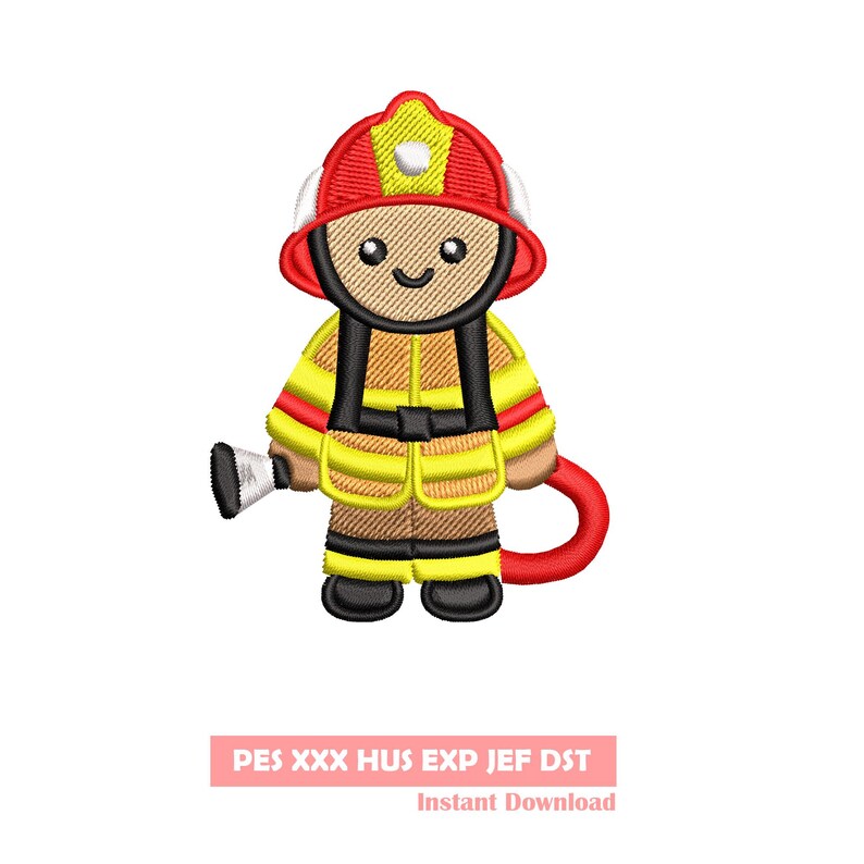 May include: Embroidered design of a cartoon firefighter wearing a red helmet, yellow jacket, and black boots. The firefighter is holding a red hose and has a happy expression on their face.