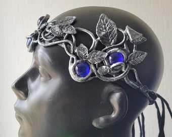 latex circlet winter crown with leaves and cobalt glass stones