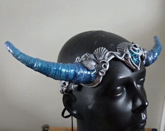 Circlet Crown – Horned Sea Fantasy – Shell Detail – Custom Stone – Silver