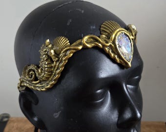 Circlet Crown – Seahorse Mermaid – Shell Detail – Custom Stone – Warm Gold