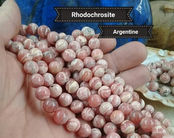 Rare Perle RHODOCHROSITE Argentine Qualité Basse 8 & 10mm, Lot de Véritable Pierre Naturelle Semi Précieuse Ronde Lisse