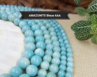 Perles d’AMAZONITE bleue AAA 4 6 8& 10mm , perle ronde lisse naturelle pierre semi précieuse