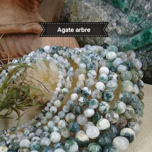 Peut inclure: Gros plan sur un collier de perles d'agate. Les perles sont rondes et présentent un motif marbré vert et blanc. Les perles sont disposées en tas, et le texte "Agate arbre" est visible dans la partie supérieure de l'image.