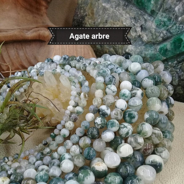 Perles d'AGATE ARBRE (agate mousse + opale) 4 6 8 10 & 12mm, perle ronde lisse en véritable pierre naturelle semi précieuse