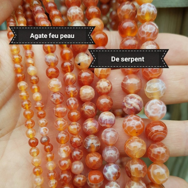 Lot de perles d'AGATE FEU peau de serpent, perle ronde lisse en véritable pierre naturelle semi précieuse, 4 6 8 10mm