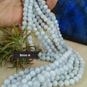 Natural AQUAMARINE bead 4 6 8 & 10mm grade A from Brazil, real semi precious stone in smooth round bead 8