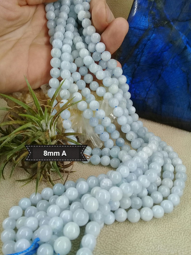 Perle d'AIGUE MARINE Naturelle 4 6 8 & 10mm Grade A du Brésil, Véritable Pierre Semi Précieuse en Perle Ronde Lisse 8