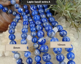 Perle en LAPIS LAZULI + Calcite 8 & 10mm extra A d'Afghanistan, véritable pierre naturelle semi précieuse en perle ronde lisse