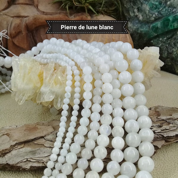 Perle de PIERRE de LUNE Blanche 4 6 8 10mm, Lot de Véritable Pierre Naturelle Semi Précieuse en Perle Ronde Lisse du Sri Lanka