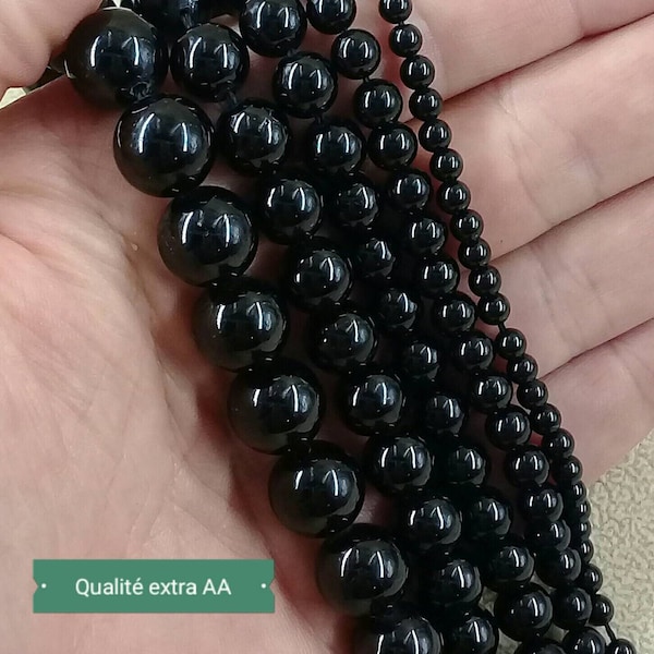 Perle de TOURMALINE Noire Naturelle 4 6 8 10 12mm Grade AA, Véritable Pierre Semi Précieuse en Perle Ronde Lisse d'Afrique ou d'Asie