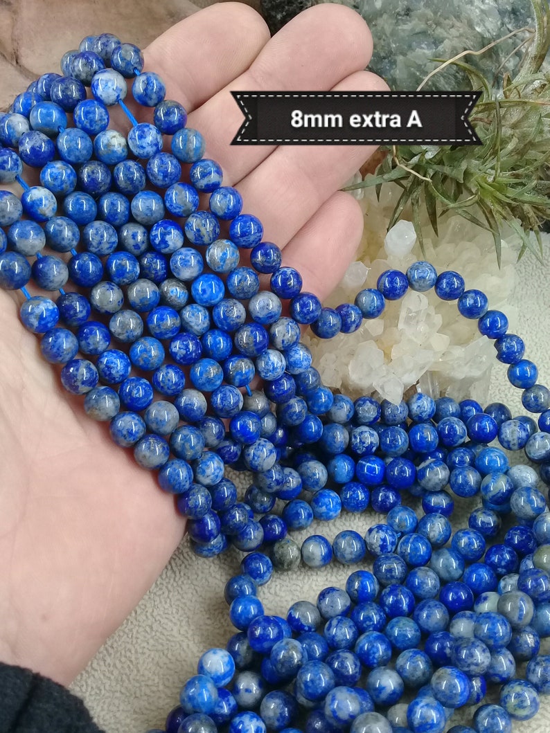 Perle en LAPIS LAZULI Calcite 8 & 10mm extra A d'Afghanistan, véritable pierre naturelle semi précieuse en perle ronde lisse image 2